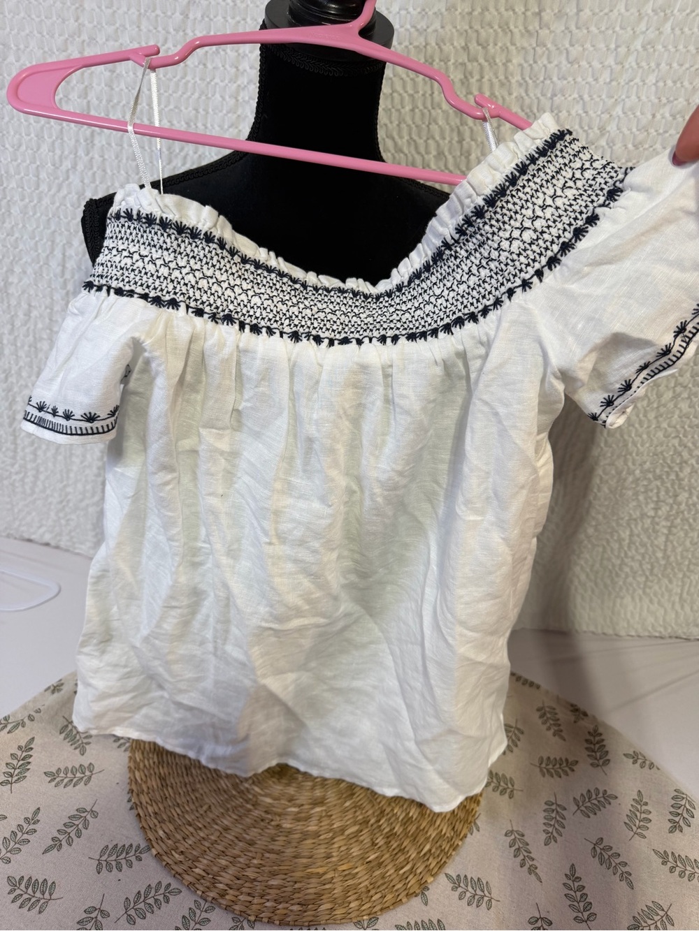 Ann Taylor White Off-Shoulder Top with Navy Smocking